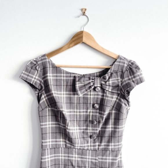 Stop Staring by Alfred Estrada Womens Midi Dress Bow Tie Plaid Gray Medium - Picture 4 of 12